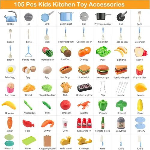 Miniatura 2 de 105 piezas de accesorios de juguete de cocina para niños, juego de cocina para acampar, ollas de juego, sartenes, utensilios, utensilios de cocina