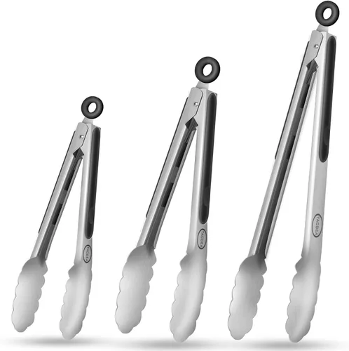 Miniatura 8 de TACGEA Pinzas de cocina de acero inoxidable, agarre antideslizante de silicona, pinzas de bloqueo para alimentos a la parrilla, juego de 2, 9