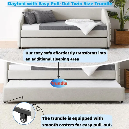 Miniatura 3 de Flieks Sofá cama tapizado de tamaño individual con nido, sofá cama tapizado de tela de lino, cama nido con ruedas y marco de madera, no necesita