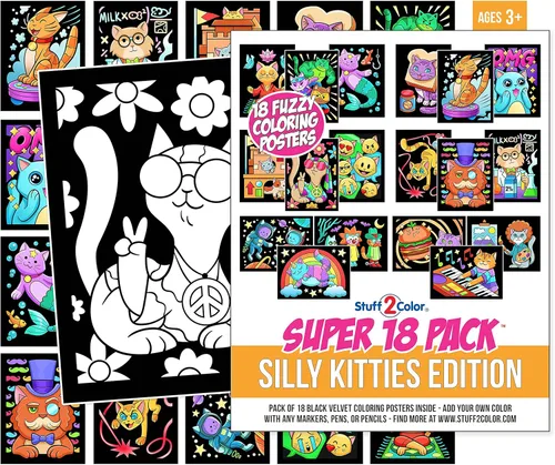Paquete de 18 pósteres peludos para colorear (edición Silly Kitties), artes y manualidades para niños, niños pequeños, niñas, niños y adultos, ideal