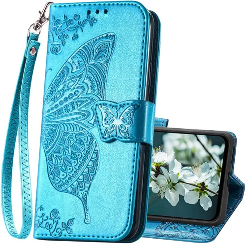 Miniatura 13 de Funda para teléfono Galaxy A14 5G, cartera con tapa para mujer, de piel sintética en relieve de mariposa con tarjeteros de crédito, correa de Lavanda