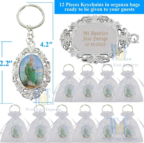 Miniatura 2 de WE Llavero conmemorativo personalizado, 12 unidades, llavero de recuerdo de San Jude, recuerdo de primera comunión, recuerdo de fiesta de bautizo