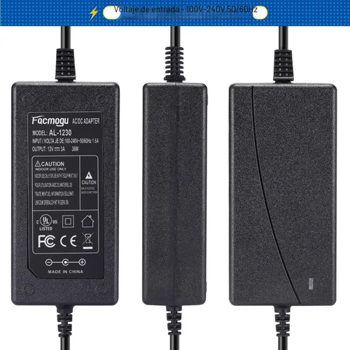 Miniatura 5 de Facmogu Adaptador de Corriente DC 12V 3A, 100-240V AC a DC 12V 3A 36W Suministro de Energía con Conector de Barril 5.5x2.5mm & 5.5x2.1mm, Adaptador