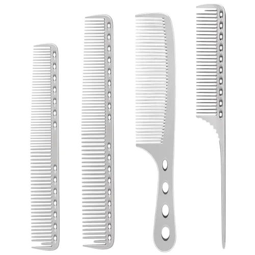 Miniatura 9 de Juego de peines de aluminio profesional para peluquería para vestirse, cortar el cabello y peinar: peines largos y cortos, mango y peine de cola Oro