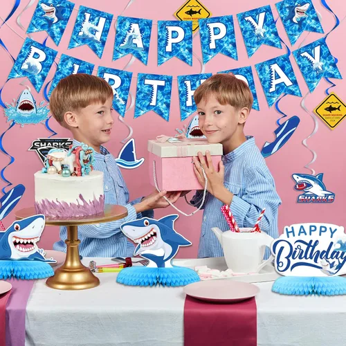 Miniatura 5 de Juego de 28 piezas de decoración de fiesta de cumpleaños de tiburón, incluye 12 espirales colgantes de feliz cumpleaños, 12 recortes colgantes, 3