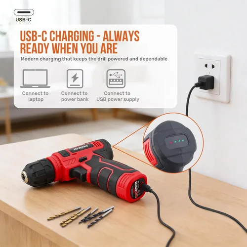 Miniatura 5 de Hi-Spec Juego de herramientas con taladro inalámbrico de 8 V. Kit completo de herramientas de bricolaje con taladro eléctrico recargable por USB Rojo