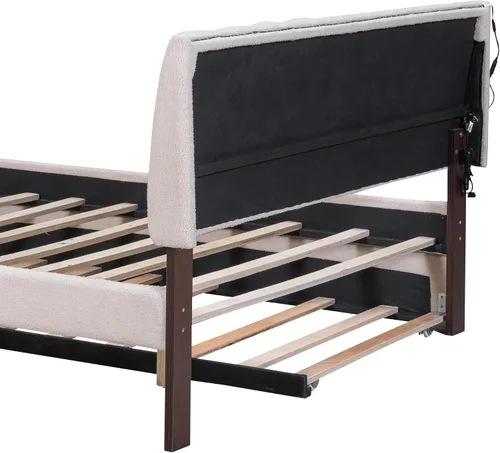 Miniatura 9 de Cama de plataforma tapizada de tamaño matrimonial con nido, cama con plataforma tapizada de vellón de peluche con soporte de listones de madera