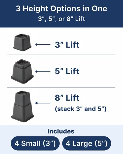 Miniatura 6 de Elevadores de cama – Esenciales para dormitorio – Elevadores de muebles ajustables de 3 y 5 pulgadas u 8 pulgadas combinados – Resistente