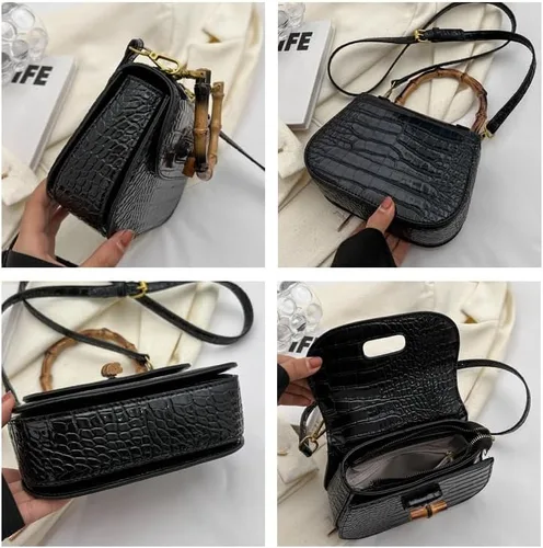 Miniatura 7 de Bolso de mano de cuero artificial de bambú con asa superior para mujer, elegante bolso de noche, regalo para mujer, hecho a mano