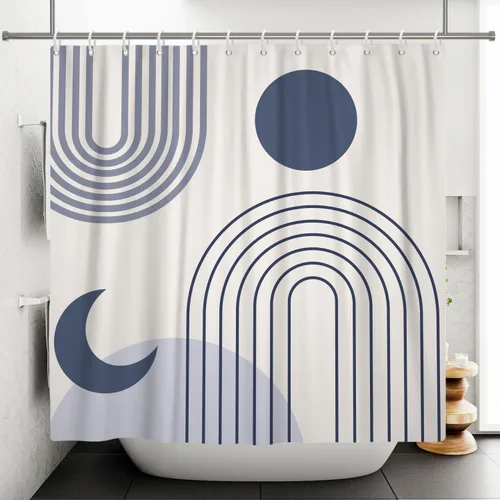 Miniatura 5 de Cortina de ducha moderna y bohemia, cortinas de ducha minimalistas estéticas azules de mediados de siglo para baño, cortinas de baño impermeables