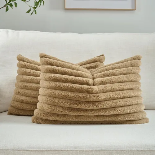 Miniatura 63 de FUTEI - Juego de 2 fundas de almohada decorativas con rayas, cuadradas, para invierno, piel sintética de conejo suave y acogedora y respaldo