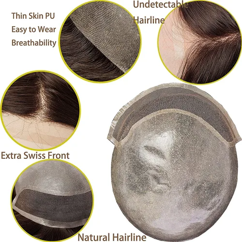 Miniatura 2 de Peluca de cabello humano europeo de repuesto para hombre, encaje suizo frontal, 0.003 in, piel fina, poliuretano, con bucle, 10 x 8 pulgadas, 20%