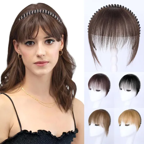 Miniatura 17 de G&T - Flequillo con clip para el cabello humano, flequillo delgado con fleco de diamantes de imitación, extensiones de cabello para mujer, flequillo