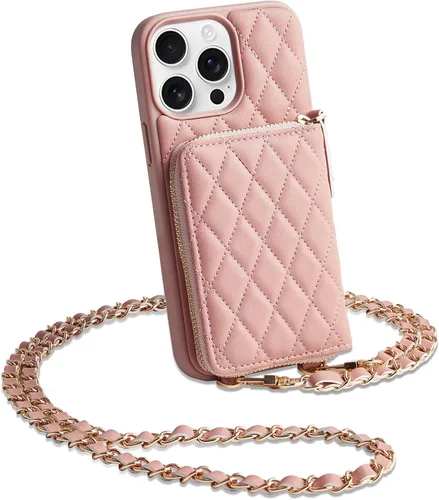 Miniatura 11 de LAMEEKU Funda Cartera para iPhone 15 Pro, Bolso Cartera Cruzada con Portarjetas, Correa de Muñeca de Cuero Acolchado con Cremallera y Bloqueo RFID