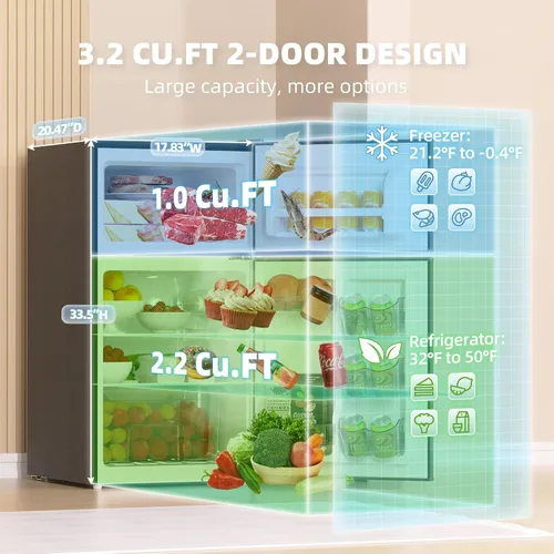Miniatura 2 de Mini nevera con congelador de 3.2 pies cúbicos, refrigerador y congelador de 2 puertas, mininevera pequeña para dormitorio, oficina en casa