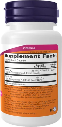 Miniatura 2 de Suplementos NOW Foods, Mega D-3 y MK-7 con vitaminas D-3 y K-2, 5.000 UI/180 mcg, soporte óseo y cardiovascular*, 60 cápsulas vegetales