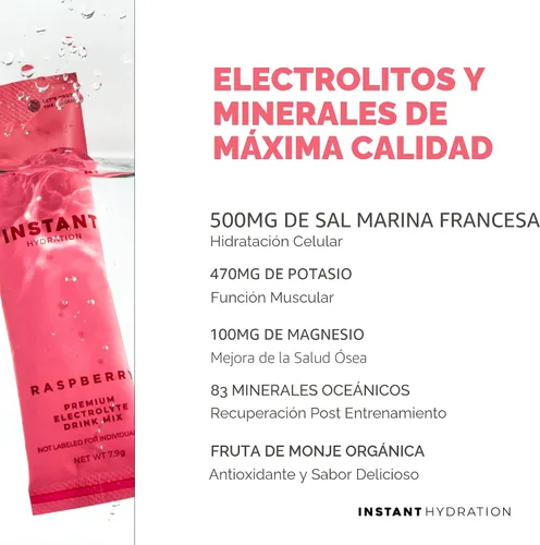 Miniatura 4 de Instant Hydration - Sobres de polvo de electrolitos - Bebida de electrolitos de frambuesa - Sin azúcar - Keto, vegano, sin gluten, sin OMG - Mejora