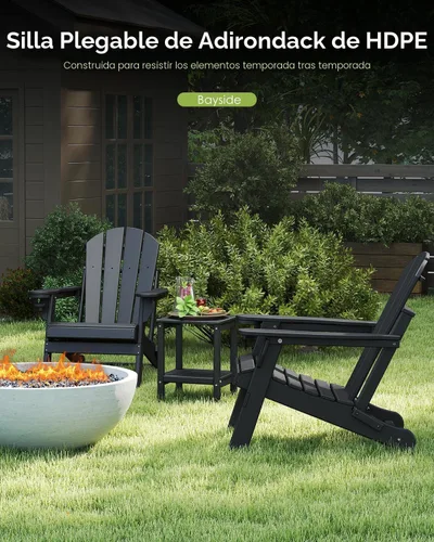 Miniatura 4 de GREENVINES Juego de 2 sillas plegables Adirondack Plástico HDPE Silla para hoguera Todo clima Portavasos Negro para terraza, patio