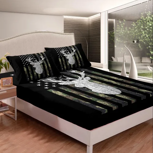 Miniatura 4 de Juego de ropa de cama con estampado de bandera americana y ciervo para cazadores, sábanas camufladas militares para niños, adolescentes y hombres
