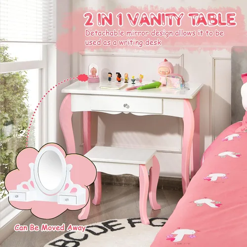 Miniatura 2 de Costzon Juego de tocador para niños con espejo, tocador de maquillaje de princesa 2 en 1 con parte superior desmontable, tocador para niños pequeños