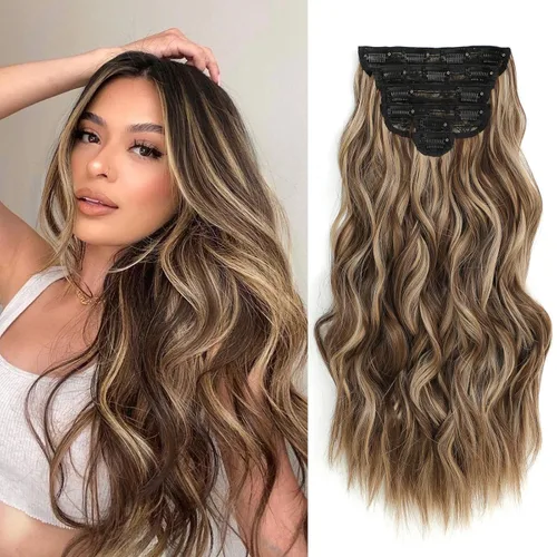 Miniatura 13 de Fliace Extensiones de cabello con clip para mujer, extensiones de cabello ondulado largo de color marrón medio, extensiones de cabello sintético
