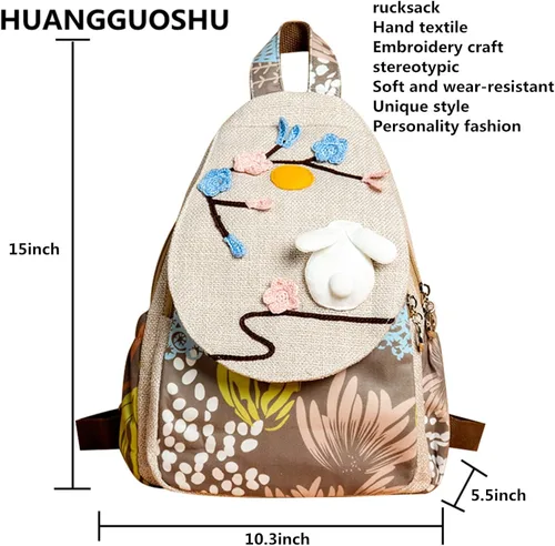 Miniatura 64 de HUANGGUOSHU Mochila de algodón tejida de algodón bohemio con bordado de lona estilo bohemio con múltiples bolsillos retro linda mochila cartera