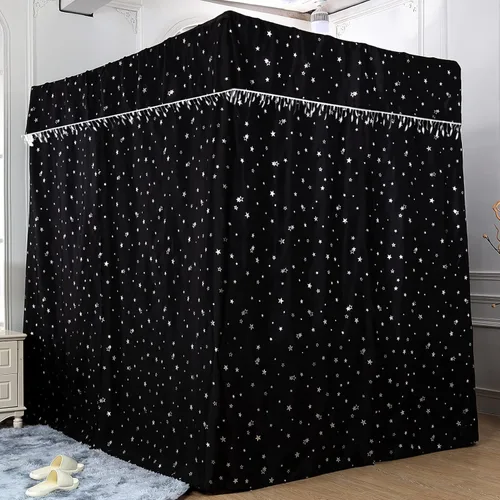 Miniatura 19 de Obokidly Elegante cortina opaca de estrella negra con borde de bola blanca de 4 postes en las esquinas, decoración de dormitorio para adultos
