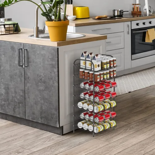 Miniatura 5 de DOMYDEVM Organizador de latas, organizador de almacenamiento de latas de 7 niveles, soporte negro para bebidas con capacidad para 84 latas