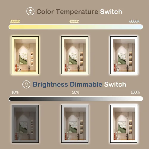 Miniatura 4 de Espejo de baño LED de 24x30 pulgadas con marco negro, espejos de baño retroiluminados y con luz frontal para pared, antiempañamiento, regulable