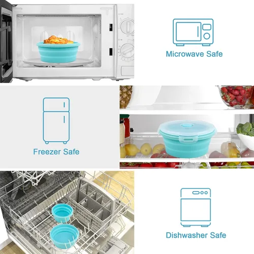Miniatura 5 de Guyuyii Juego de tazones plegables - 4 envases de almacenamiento de alimentos de silicona con tapas - Esenciales de cocina aptos para microondas