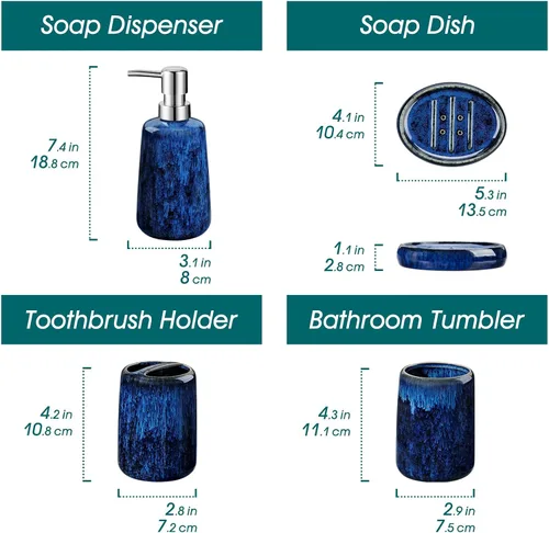 Miniatura 2 de vancasso Juego de accesorios de baño azul, juego de dispensador de jabón de cerámica y soporte para cepillos de dientes, juego de 4 piezas de loza