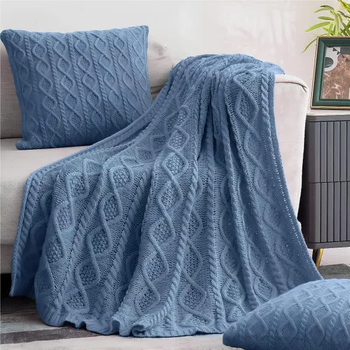 Miniatura 16 de Homiest Juego de 3 mantas y almohadas de punto trenzado, color blanco crema, manta de punto (50 x 60 pulgadas) y 2 fundas de almohada