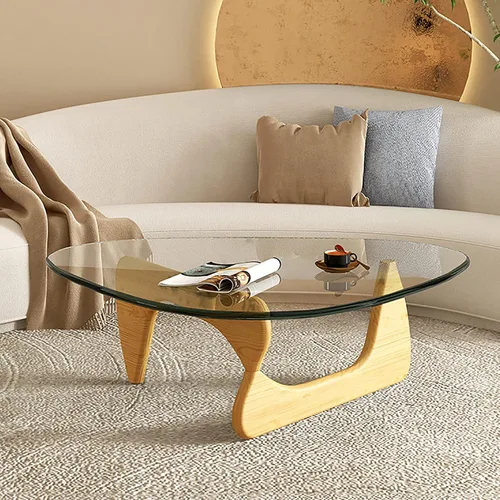 HM&DX Mesa auxiliar triangular de vidrio grueso, mesa moderna de mediados de siglo, mesa auxiliar de cristal, base de madera maciza, mesas de centro