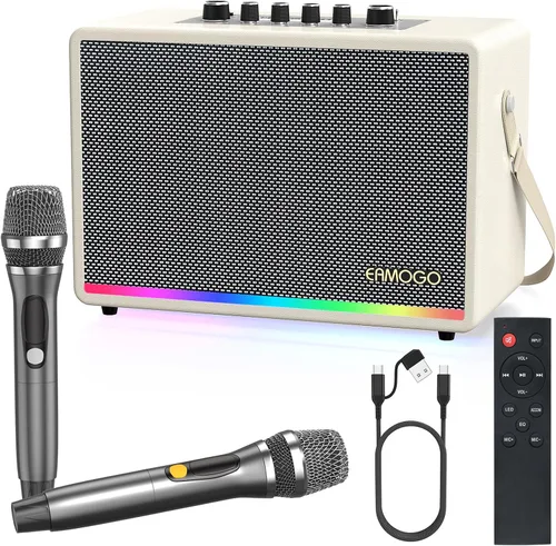 Miniatura 10 de Altavoz Bluetooth portátil con 2 micrófonos inalámbricos, gabinete de madera de abedul de graves profundos de 70 W, sistema PA Bluetooth para Negro