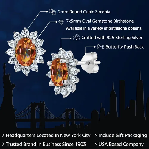 Miniatura 156 de Gem Stone King Aretes ovalados de plata de ley 925 de 0.276 x 0.197 in con piedra natal de la princesa Diana, estilo halo real para mujeres