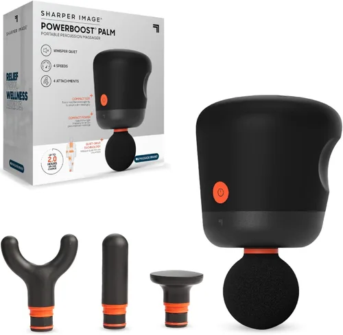 Sharper Image Mini Pistola de Masaje, Powerboost Palm Masajeador de Mano Recargable de Percusión de Tejido Profundo, 4 Velocidades Ajustables, 4