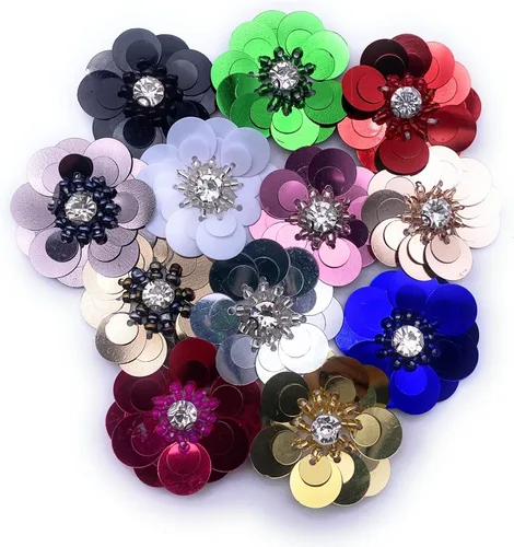 Miniatura 3 de Paquete de 12 apliques de lentejuelas multicolor de 1 1/4 pulgadas, cuentas de cristal, mezcla de flores para coser en tela, accesorio de ropa
