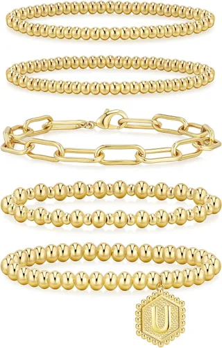 Miniatura 30 de adoyi - Pulseras de oro para mujer, impermeables, con cuentas de bolas chapadas en oro de 14K, pulseras ajustables apilables para regalos