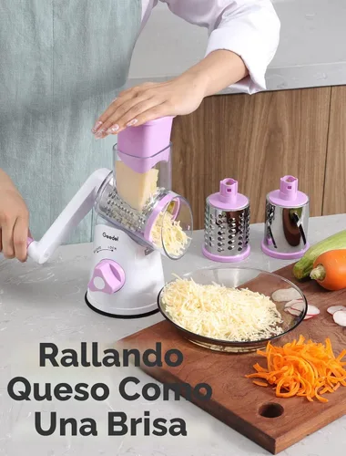 Miniatura 6 de Rallador de queso giratorio Geedel, rallador de mandolina de cocina para vegetales con 3 cuchillas intercambiables, rallador giratorio fácil