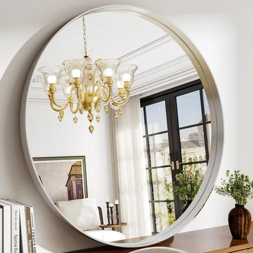 Miniatura 9 de Espejo redondo de baño de 24 pulgadas, espejo circular montado en la pared con marco de metal, espejo moderno adecuado para baño, tocador, entrada