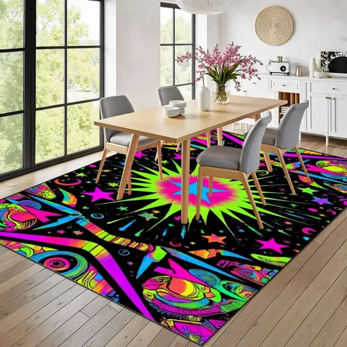 Miniatura 4 de Alfombra lavable de 8 x 10 pies para sala de estar, grande, suave, luz negra, sol, neón, reactiva a los rayos UV, luna celestial, estrella, planeta
