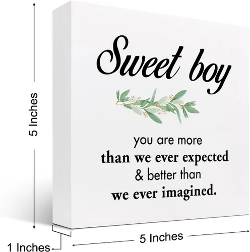 Miniatura 2 de Letrero de madera con texto en inglés "Sweet Boy You are More Than We Ever Expected", con cita inspiradora, caja de madera, placa para niños