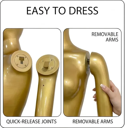Miniatura 3 de Maniquí de cuerpo completo femenino de oro brillante de 70.8 pulgadas con brazos desmontables giratorios de 360°, base de metal resistente