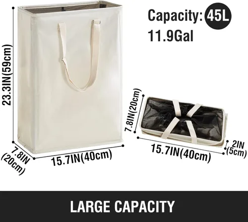 Miniatura 5 de TECHMILLY Cesta de lavandería delgada con asas largas ajustables, cestas pequeñas de lavandería de 45L con parte superior de malla, cesta de ropa