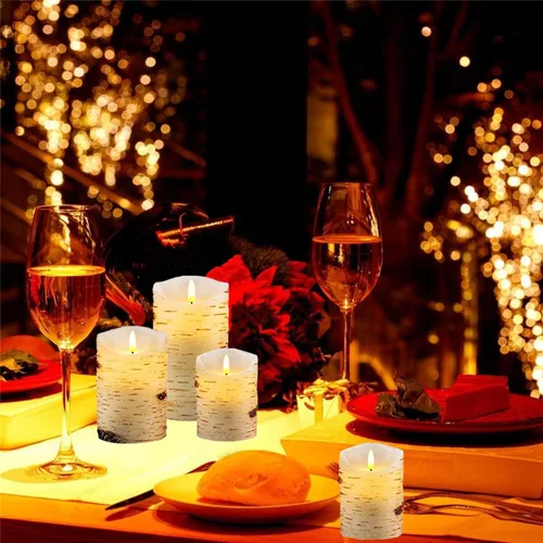 Miniatura 6 de Juego de 3 velas sin llama de corteza de abedul, velas parpadeantes de 4" 5" 6" operadas por baterías con control remoto, vela eléctrica con Abedul