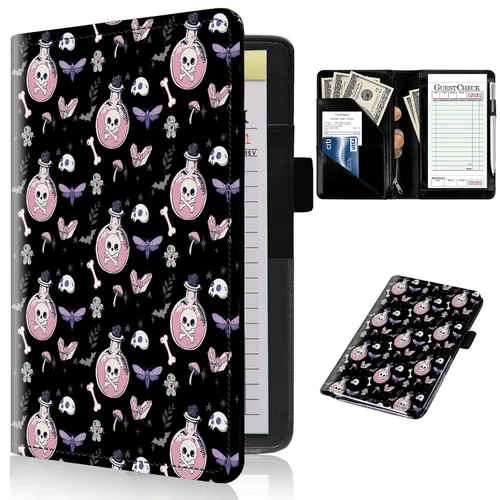 Miniatura 57 de Libros de servidor para camareras con bolsillo con cremallera – Libro de camarera gótico pastel con calavera de bruja, organizador de dinero