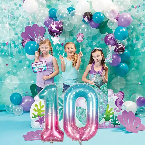 Miniatura 3 de Globos de Sirena Número 0 de 40 Pulgadas, Juego de Globos de Números Grandes Morado Verde Azulado Arcoíris 0-9, Globos de Números de Papel