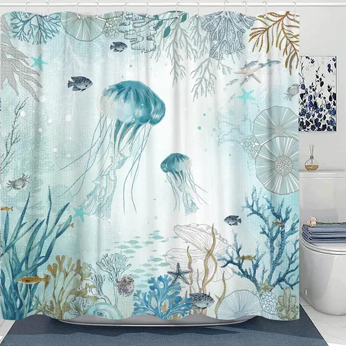 Neasow Cortina de ducha náutica, cortinas de ducha con diseño de medusas verde azulado con 12 ganchos, cortina de baño coral de 72 x 72 pulgadas