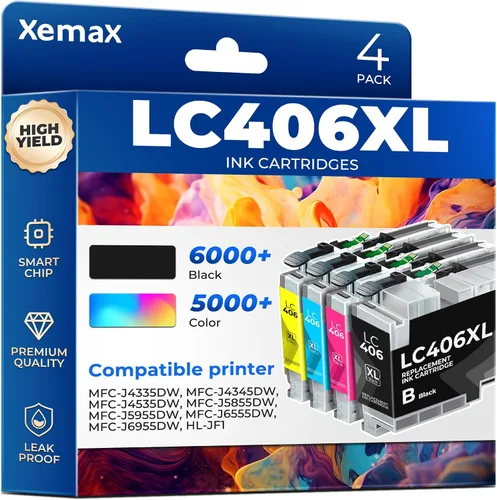 LC406XL - Paquete de 4 cartuchos de tinta (21000 páginas) compatibles con MFC-J4335DW para Brother LC406XL LC406 para MFC-J4335DW, MFC-J4345DW,