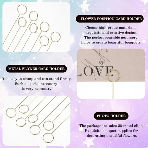 Miniatura 3 de Mabor 20 portatarjetas de metal con diseño floral, clips para números de mesa, soporte para tarjetas de metal dorado, para arreglos florales, bodas